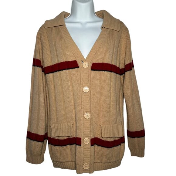 Vintage 70s Sweater Girl of California Stripe Collar Cardigan Tan Red Preppy S/M - Picture 1 of 11
